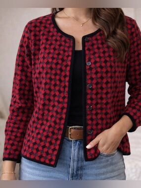 Vintage Talbots Cardigan Womens Small Red Black Houndstooth Cabin Grandma Granny